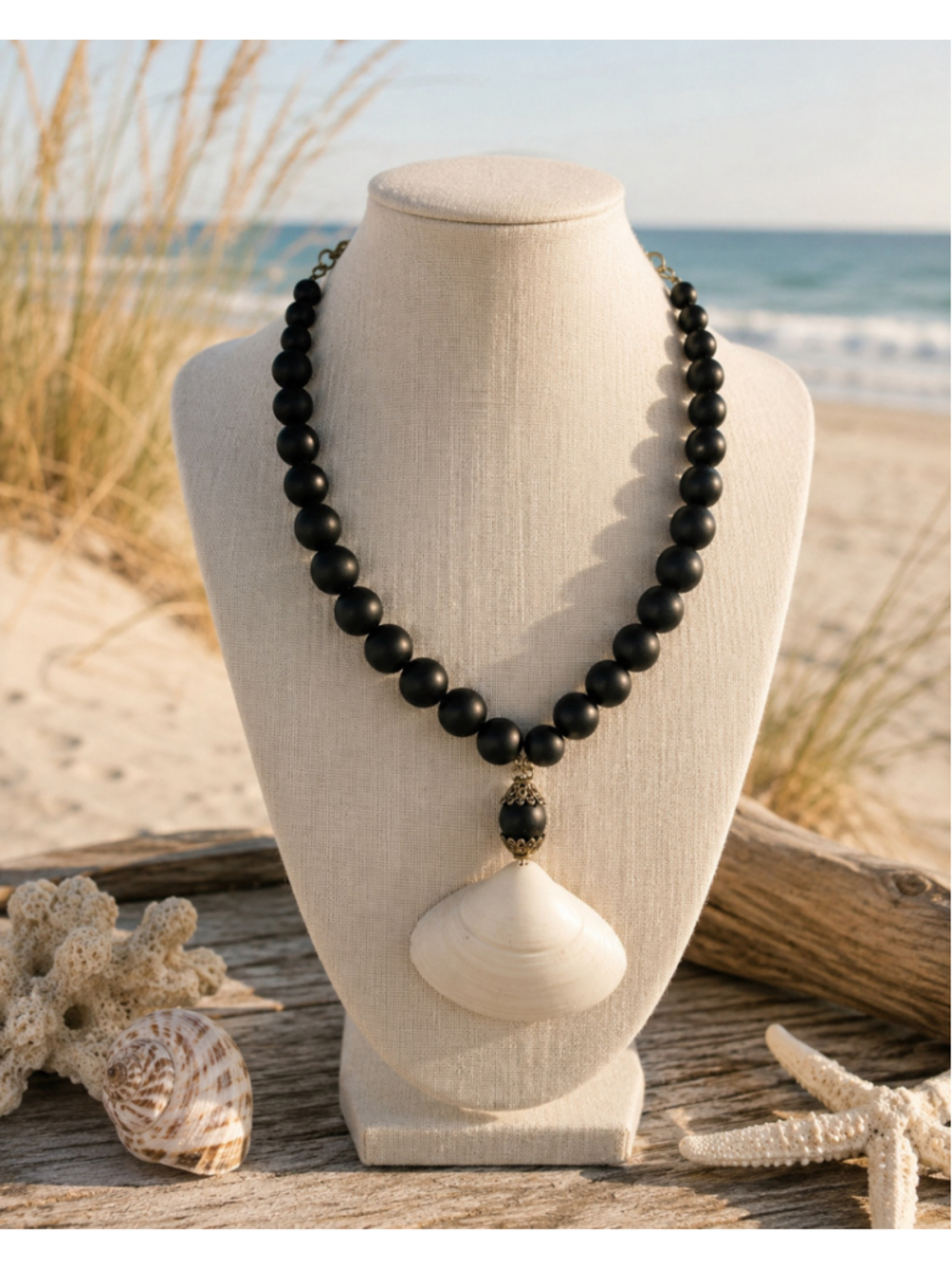 Vintage Statement Necklace Black Beads Large Natural Shell Pendant Coastal Boho